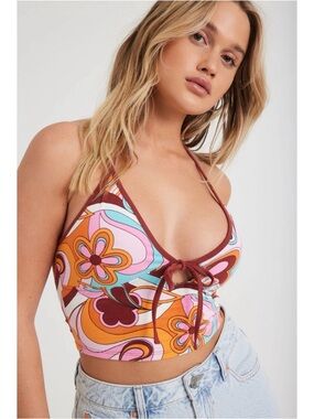 Garage Kelly Halter Keyhole Top Floral Groovy Y2K Size M 70s Hippie Festival